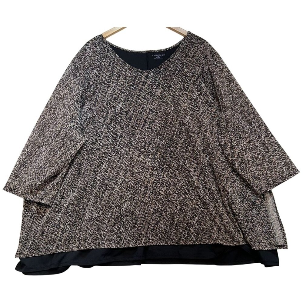 Catherines Women's Beige Black Layered Stretch Mesh Overlay Top 3/4 Sleeve Sz 4X